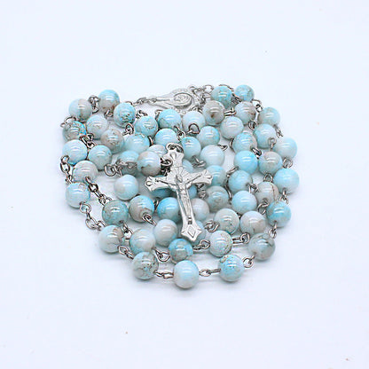 Zebra Blue Rosary Necklace Cross Necklace