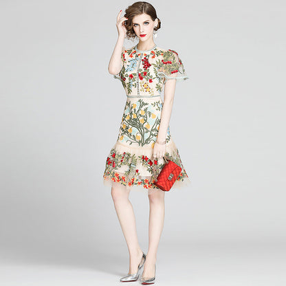 Short-sleeved mesh ruffle dress