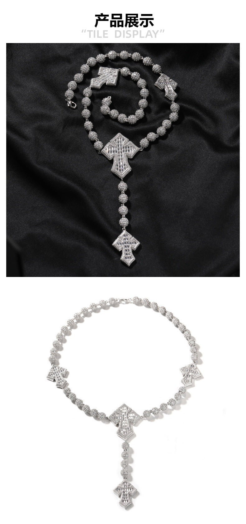 moissanite chain round bead cross necklace