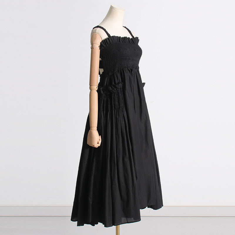 Pleated suspender long solid color full skirt dress