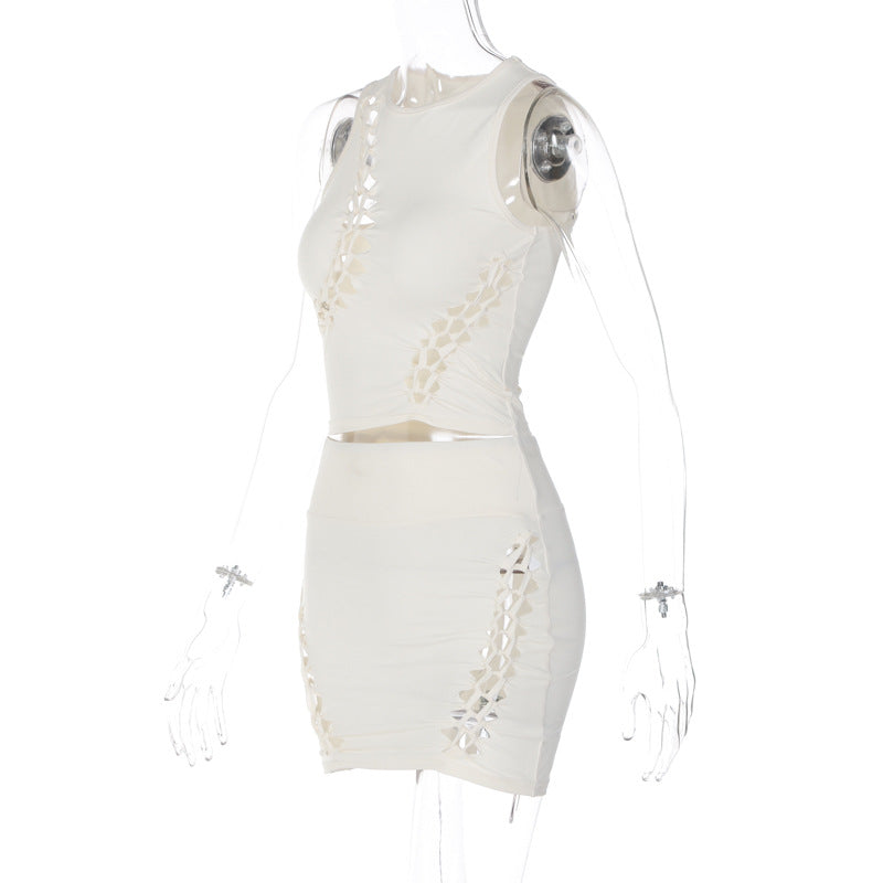 Solid Color Hollow Round Neck Sleeveless Top Slim Skirt Set