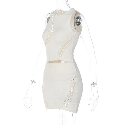 Solid Color Hollow Round Neck Sleeveless Top Slim Skirt Set
