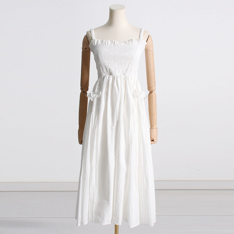 Pleated suspender long solid color full skirt dress