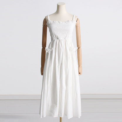 Pleated suspender long solid color full skirt dress