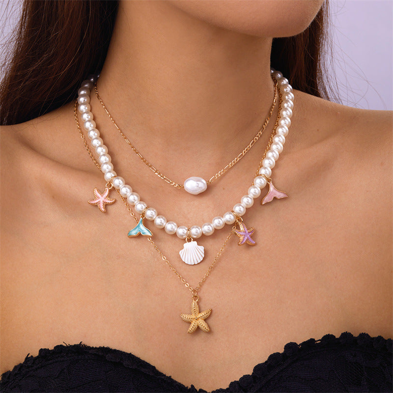 starfish necklace pearl multi-layer stacking necklace