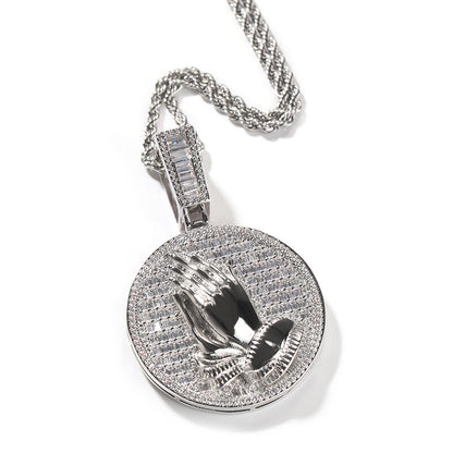 Hip-hop round disc zircon-encrusted praying hands pendant