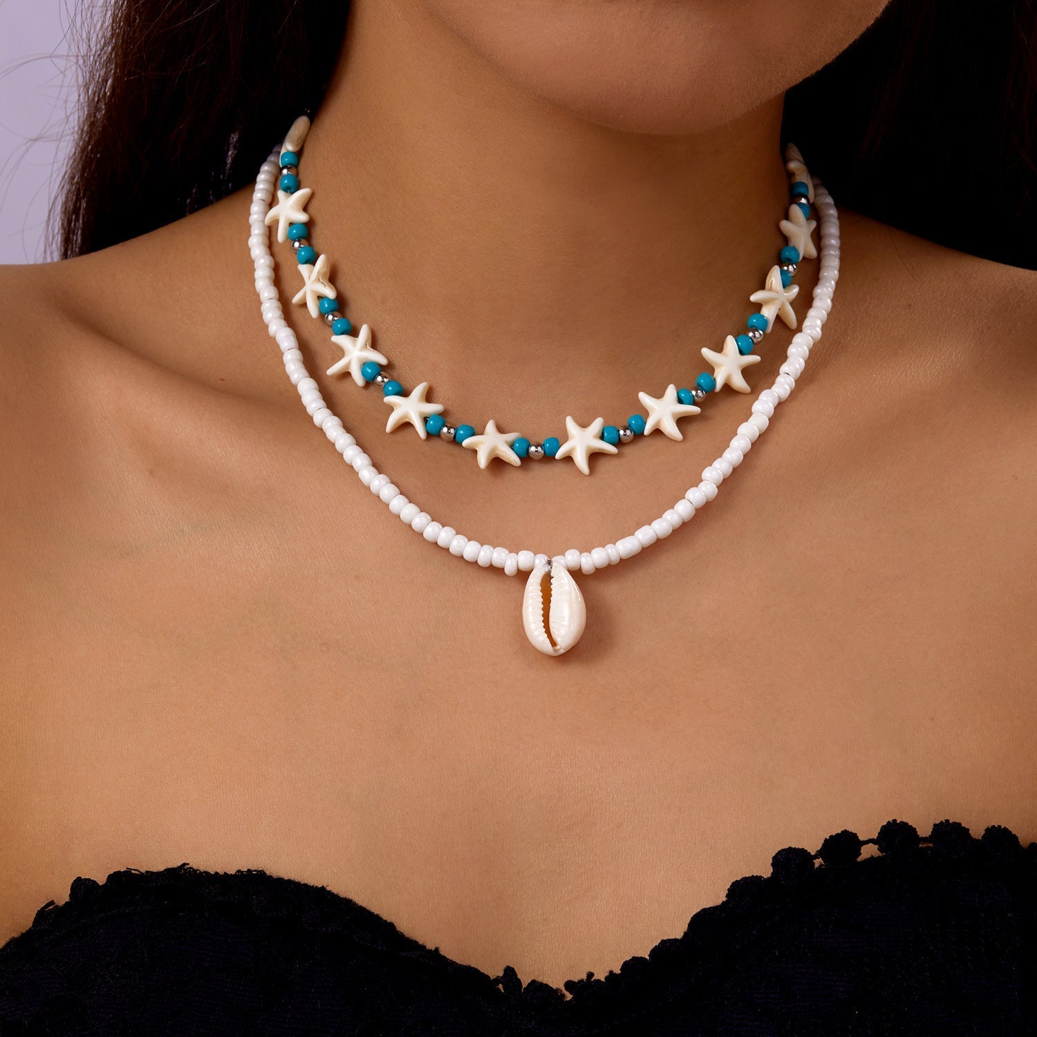 starfish necklace pearl multi-layer stacking necklace