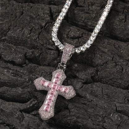 Hip-hop copper-inlaid purple zircon cross necklace