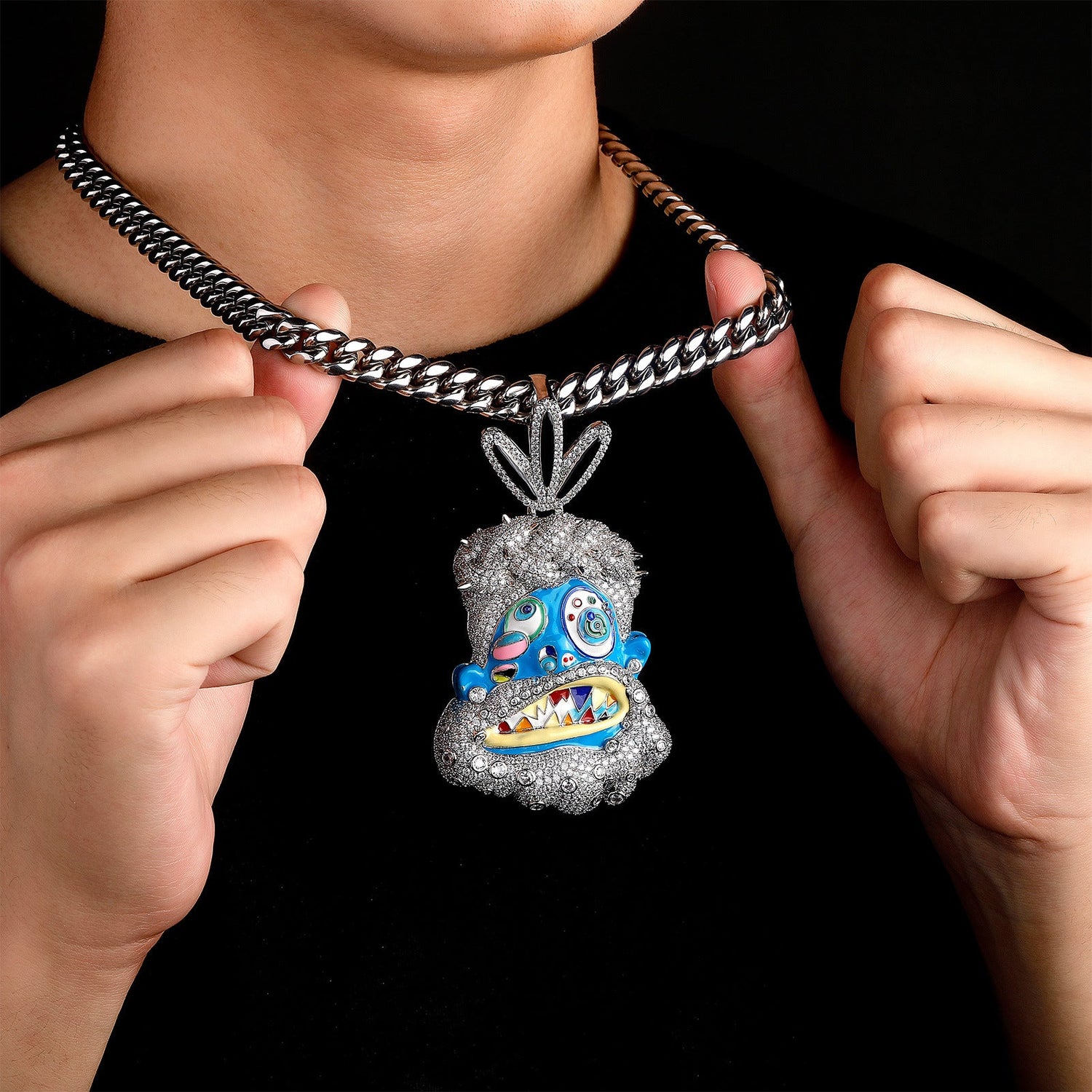 Diamond-studded colorful dripping oil cartoon head hip-hop pendant necklace wholesale