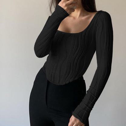 Autumn &amp; Winter long-sleeved U-neck water ripple slim fit top T-shirt