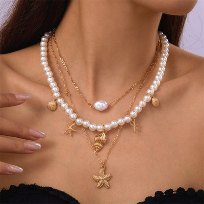 starfish necklace pearl multi-layer stacking necklace