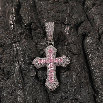 Hip-hop copper-inlaid purple zircon cross necklace