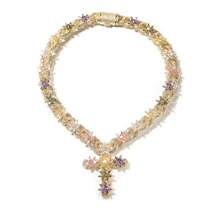 Colorful zircon ice flower cross necklace