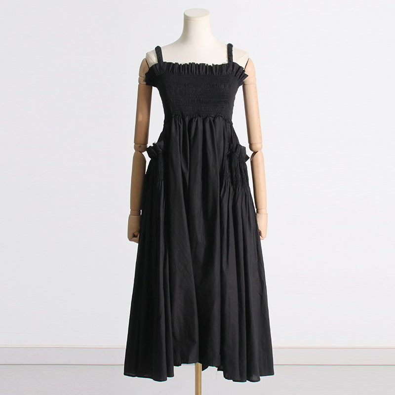Pleated suspender long solid color full skirt dress