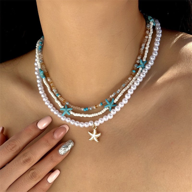 starfish necklace pearl multi-layer stacking necklace