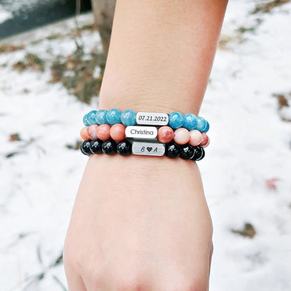 Stainless steel engraved beaded bracelet