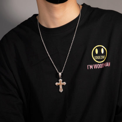 Hip-hop copper-inlaid purple zircon cross necklace