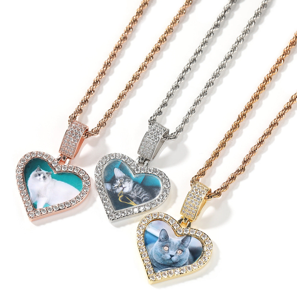 Customized photo heart shape pendant couple necklace