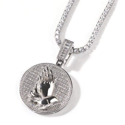 Hip-hop round disc zircon-encrusted praying hands pendant