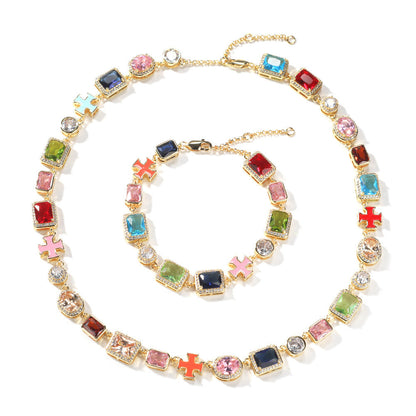 Exquisite diamond-encrusted colored gemstone bracelet and necklace