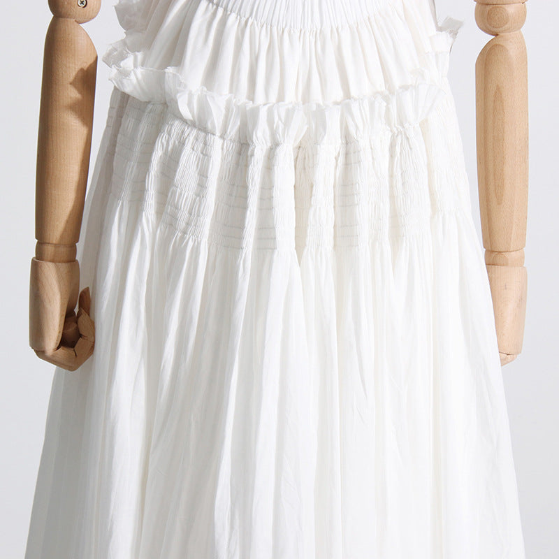 Pleated suspender long solid color full skirt dress