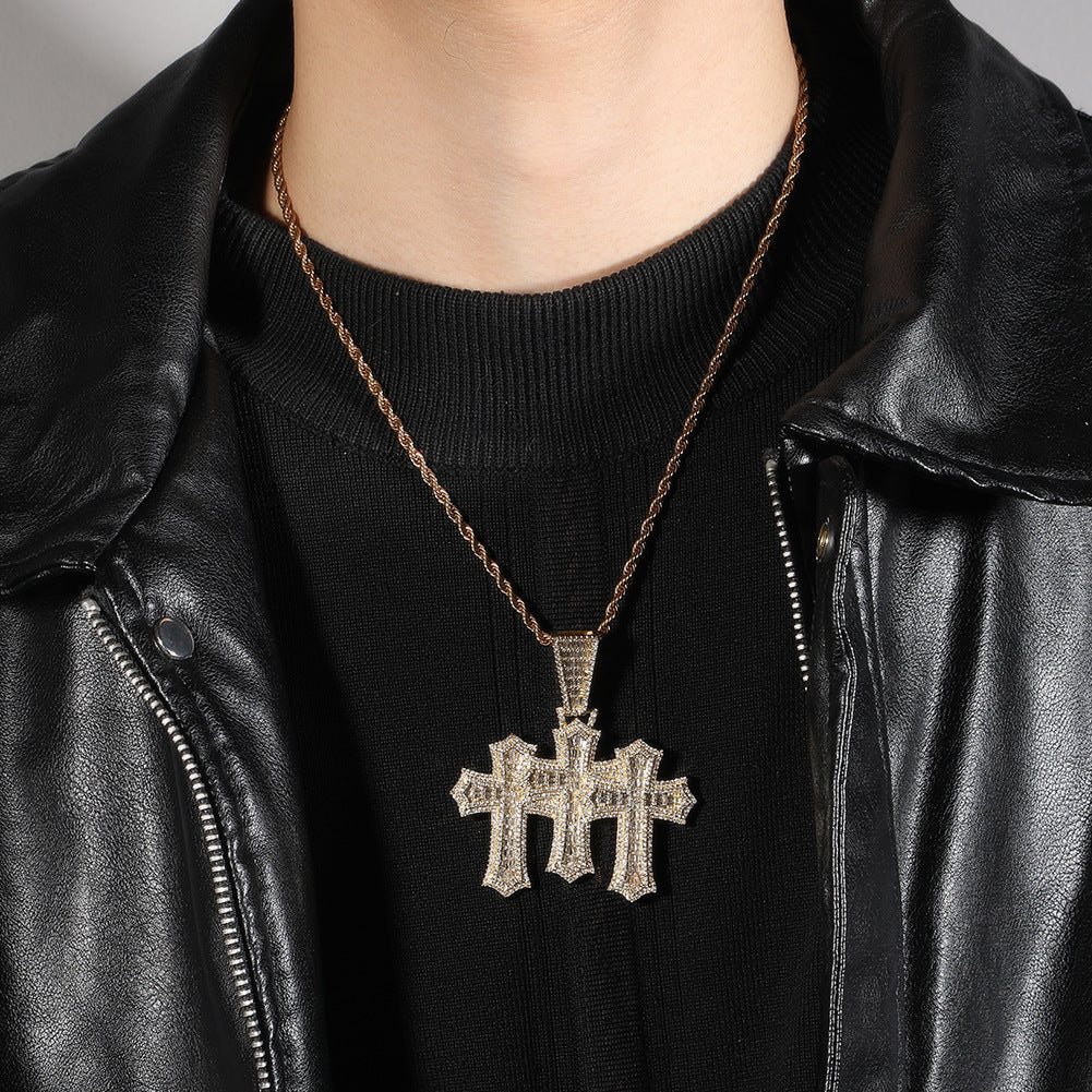 Hip-hop square zircon cross diamond-studded pendant