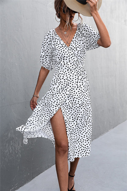 Woman Short Sleeve V Neck Chiffon Wrap Dresses Polka Dot Streetwear Elegant Midi Dress