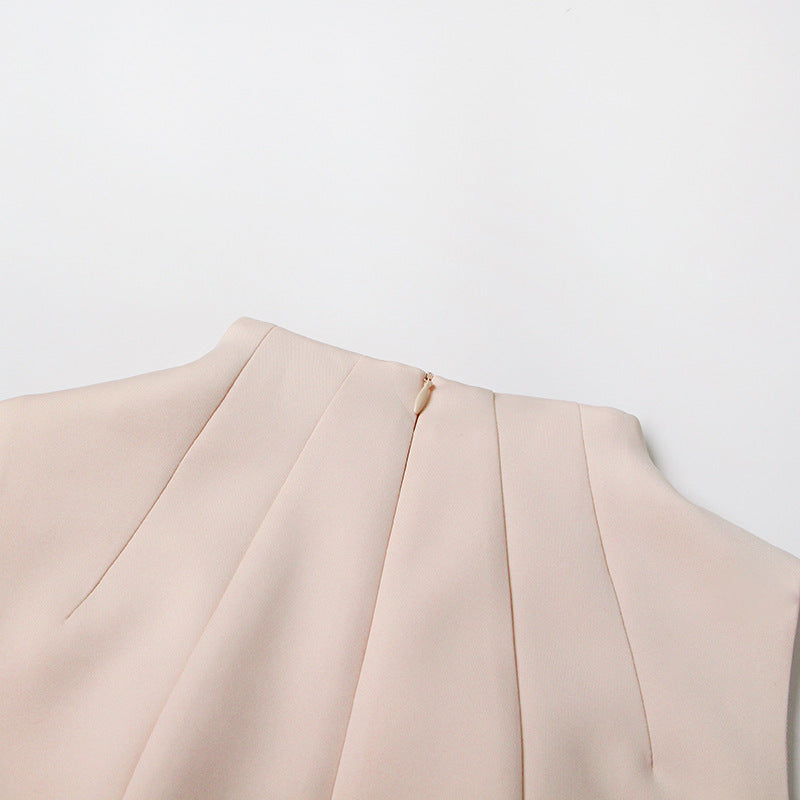 Pleated round neck sleeveless A dress with waist slimming long skirt