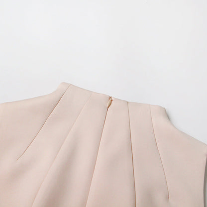 Pleated round neck sleeveless A dress with waist slimming long skirt