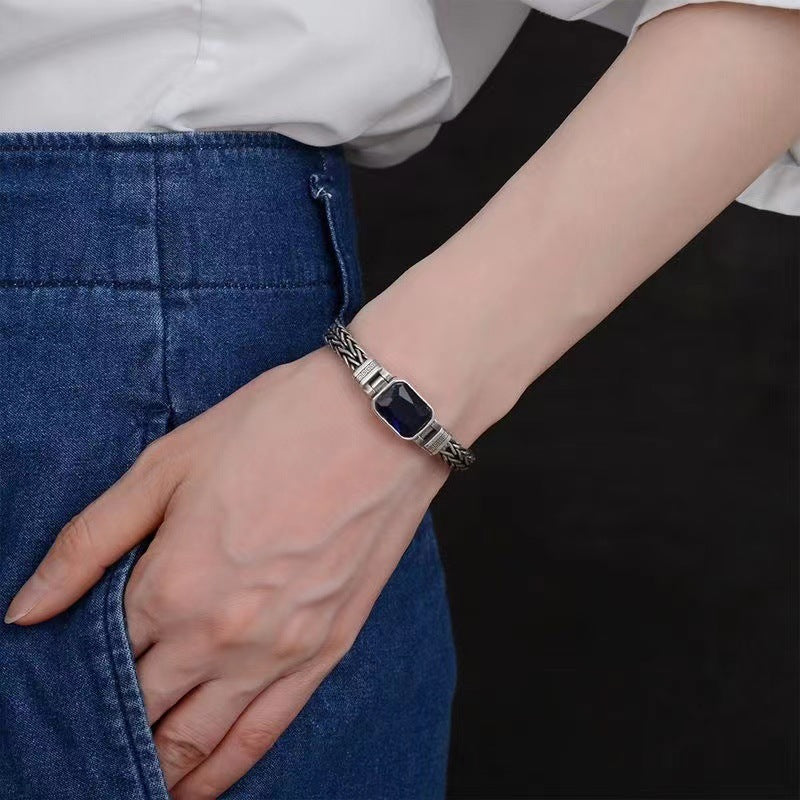 Hand-woven aquamarine silver bracelet