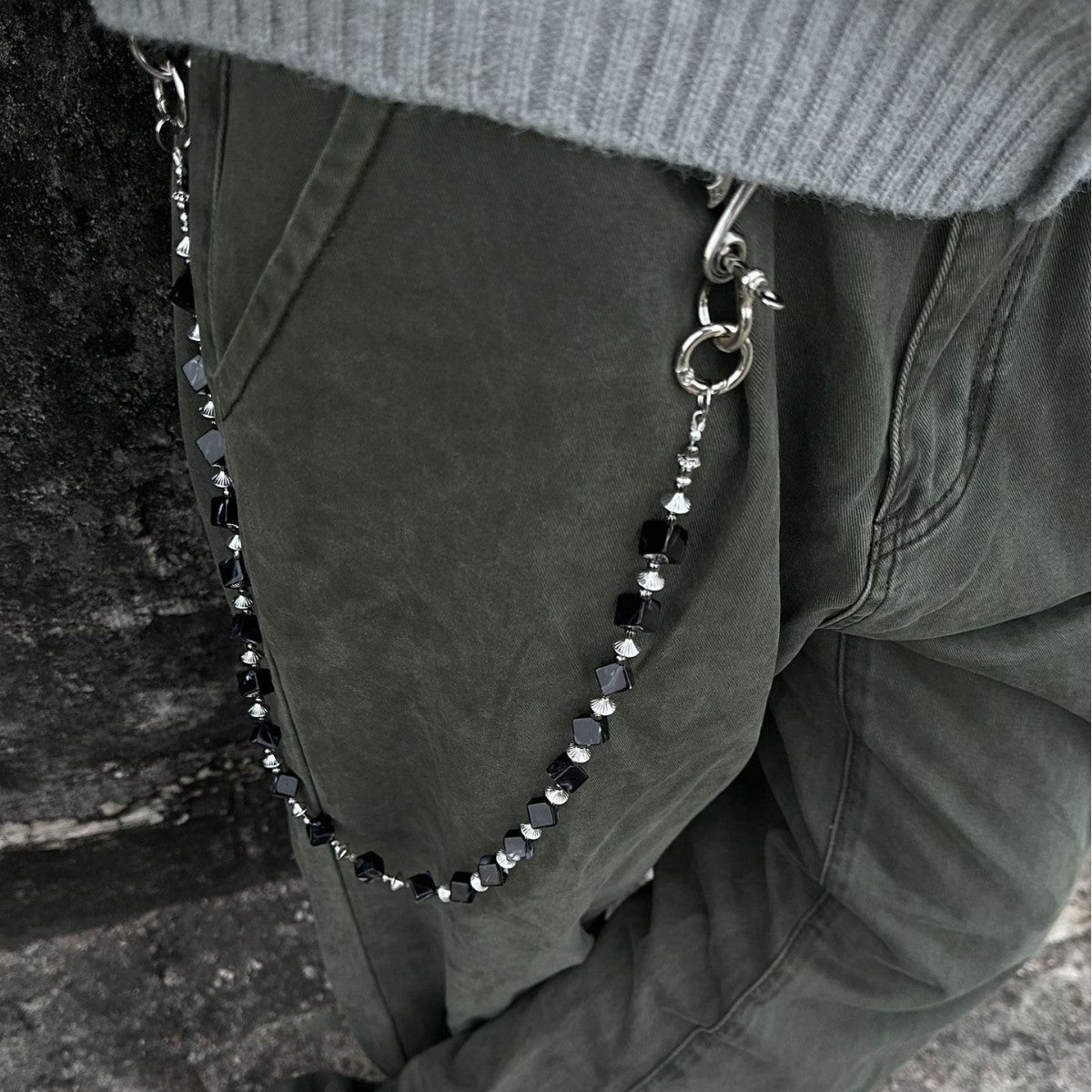 Black smudged dark style pure handmade design trouser chain