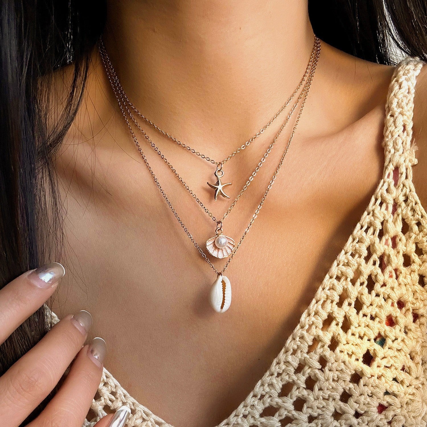 starfish necklace pearl multi-layer stacking necklace
