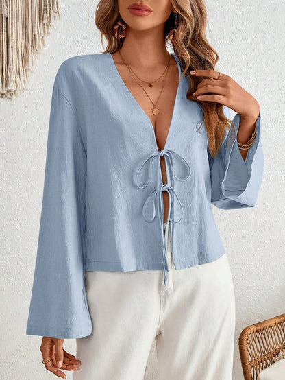 Cotton Linen Lace Up Bow Shirts Women Loose Hollow Out V Neck Long Sleeve Tops