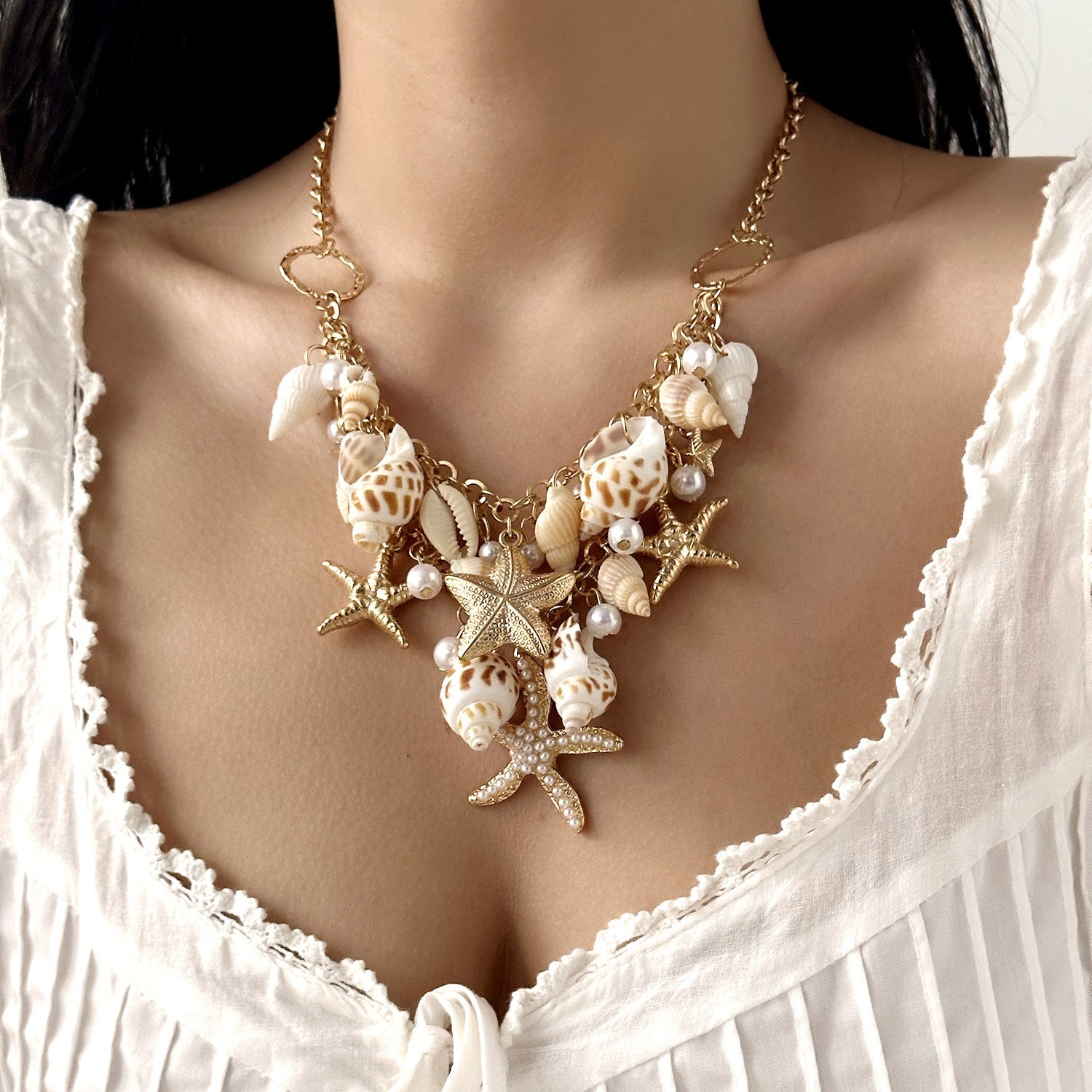 starfish necklace pearl multi-layer stacking necklace