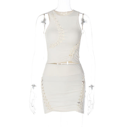 Solid Color Hollow Round Neck Sleeveless Top Slim Skirt Set