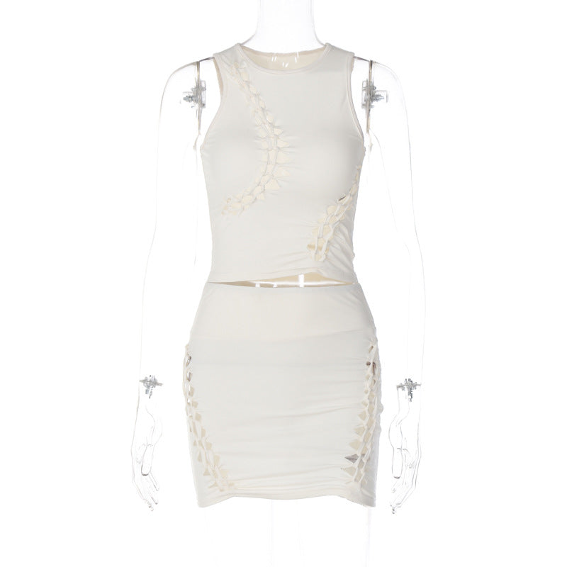 Solid Color Hollow Round Neck Sleeveless Top Slim Skirt Set