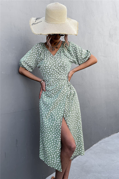 Woman Short Sleeve V Neck Chiffon Wrap Dresses Polka Dot Streetwear Elegant Midi Dress