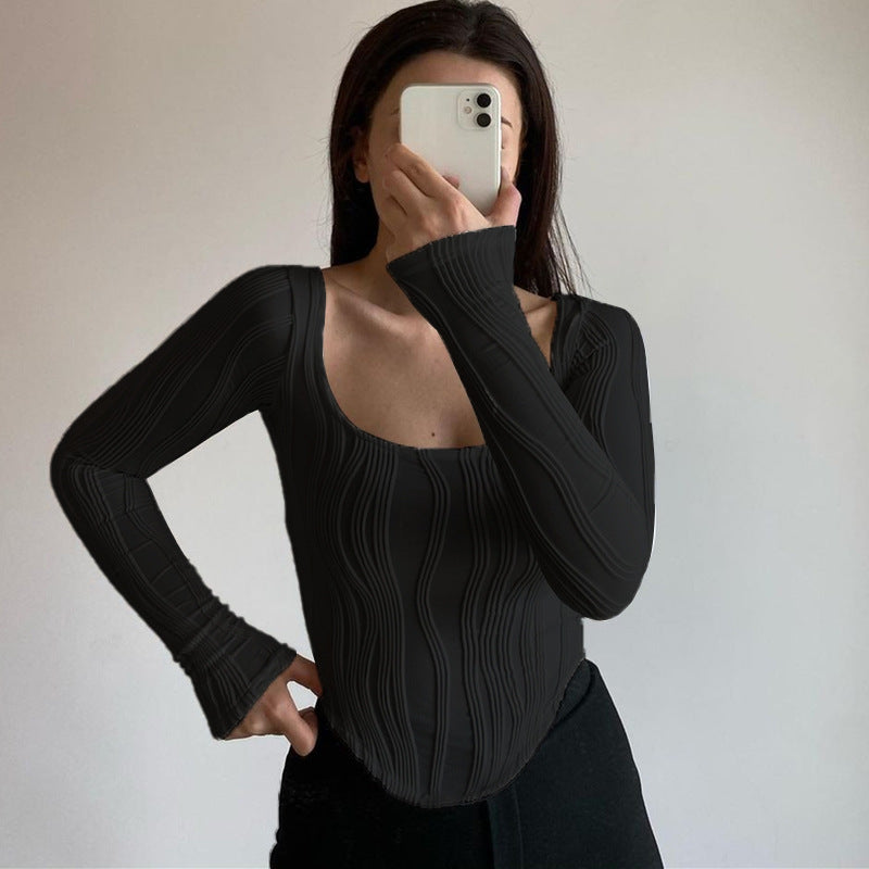 Autumn &amp; Winter long-sleeved U-neck water ripple slim fit top T-shirt