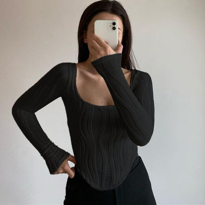 Autumn &amp; Winter long-sleeved U-neck water ripple slim fit top T-shirt