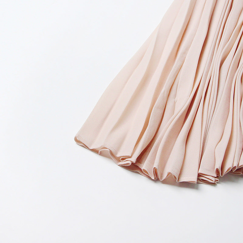 Pleated round neck sleeveless A dress with waist slimming long skirt