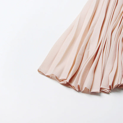 Pleated round neck sleeveless A dress with waist slimming long skirt