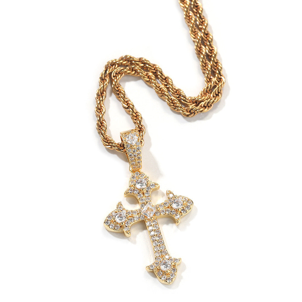 Hip-Hop Diamond-Encrusted Zircon Cross Necklace