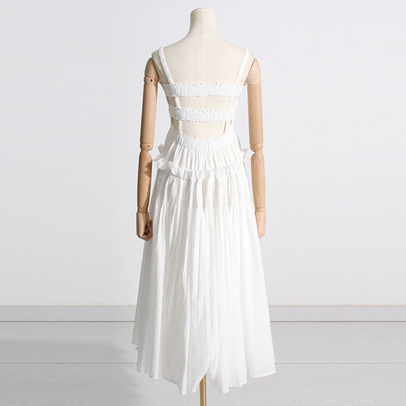 Pleated suspender long solid color full skirt dress