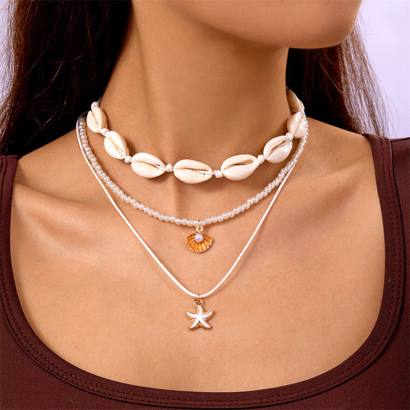 starfish necklace pearl multi-layer stacking necklace