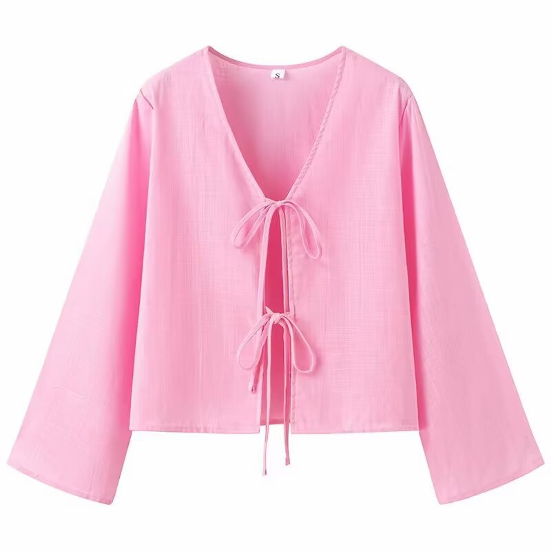 Cotton Linen Lace Up Bow Shirts Women Loose Hollow Out V Neck Long Sleeve Tops