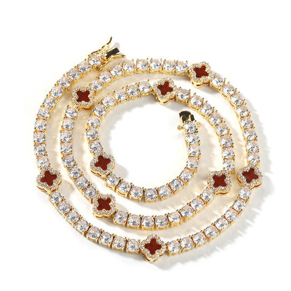 Hip-hop four-leaf clover diamond tennis chain necklace bracelet