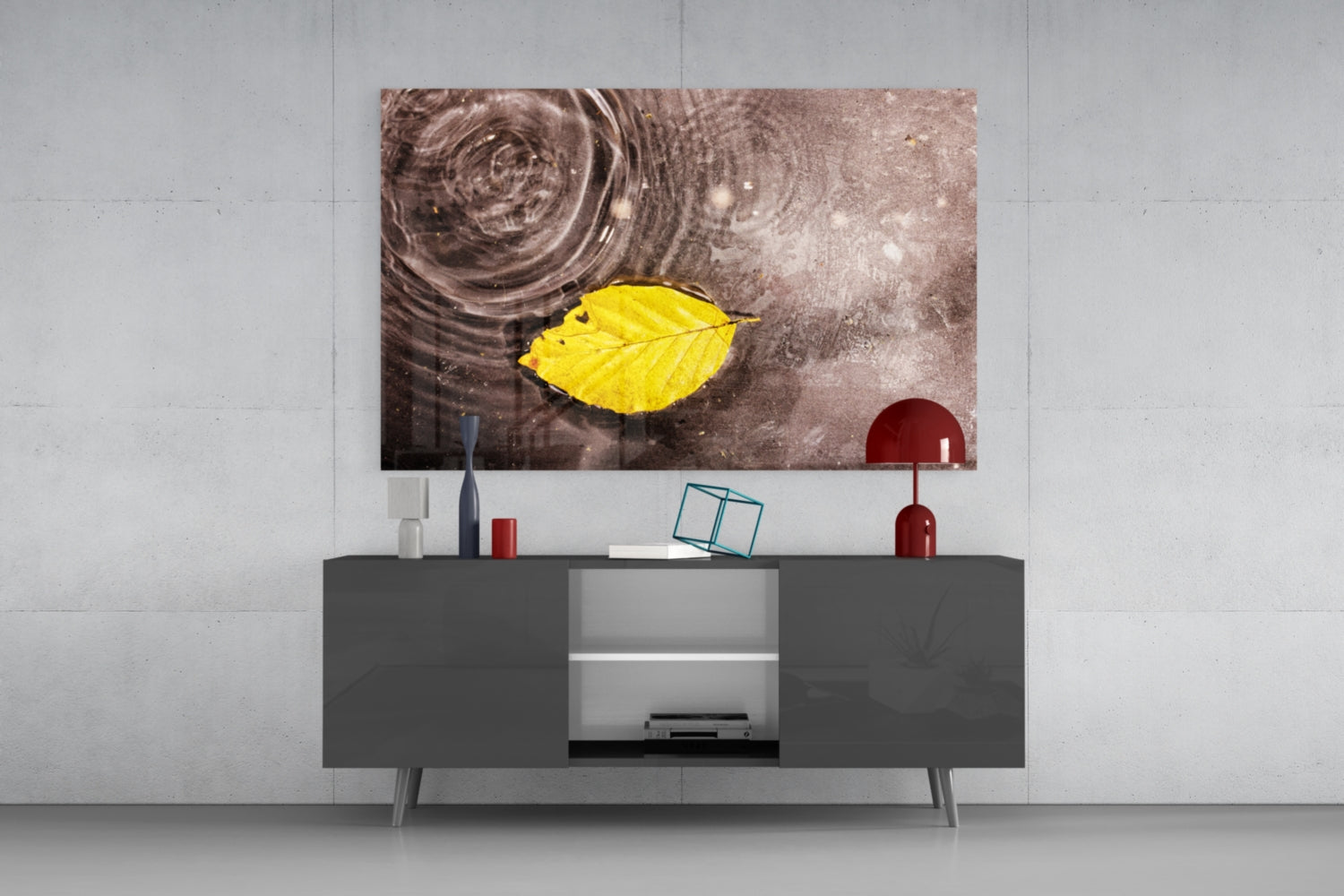 Wide Ripple Pond Single Yellow Leaf Glass Wall Art