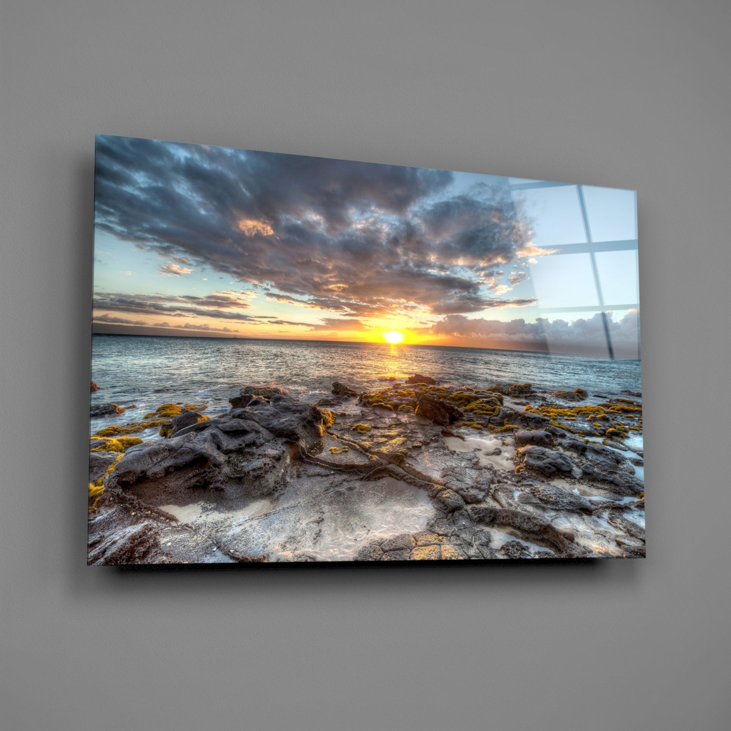 Rocky Shore Sunset Horizon Glass Wall Art
