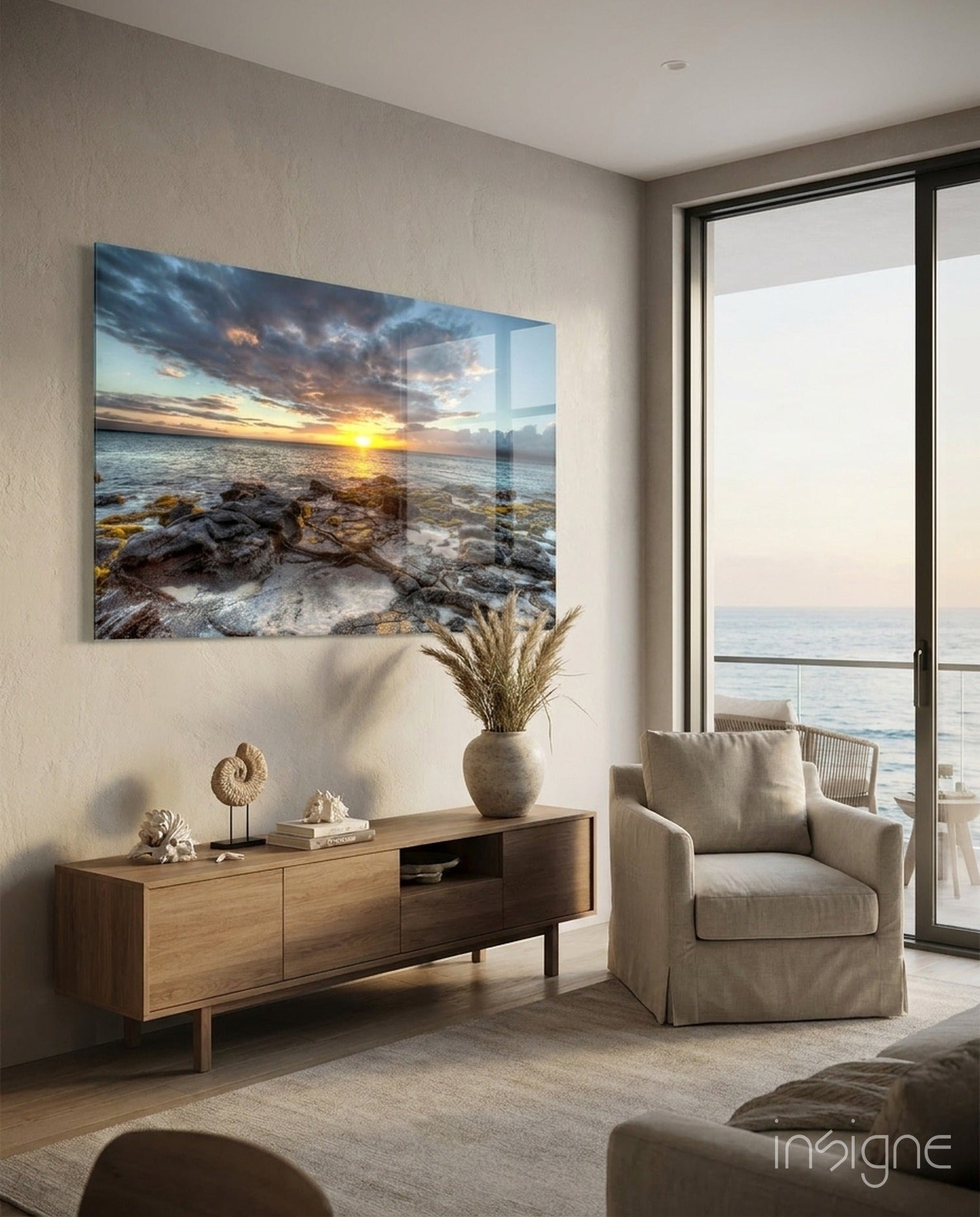 Rocky Shore Sunset Horizon Glass Wall Art