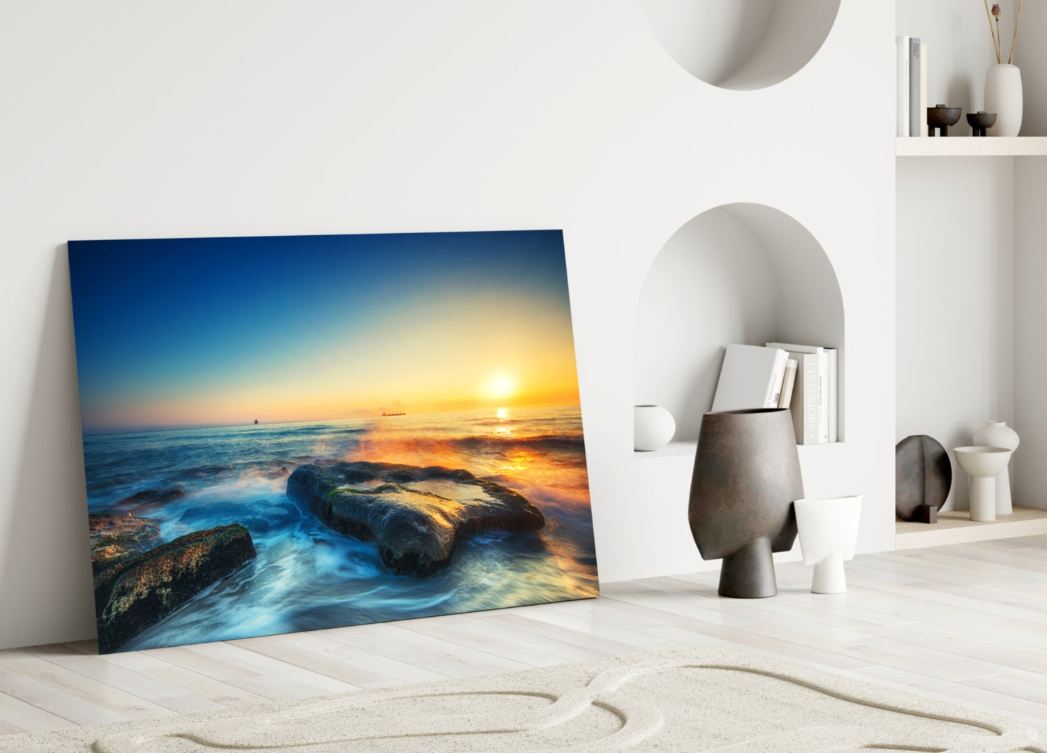 Silky Waves Over Boulders Glass Wall Art